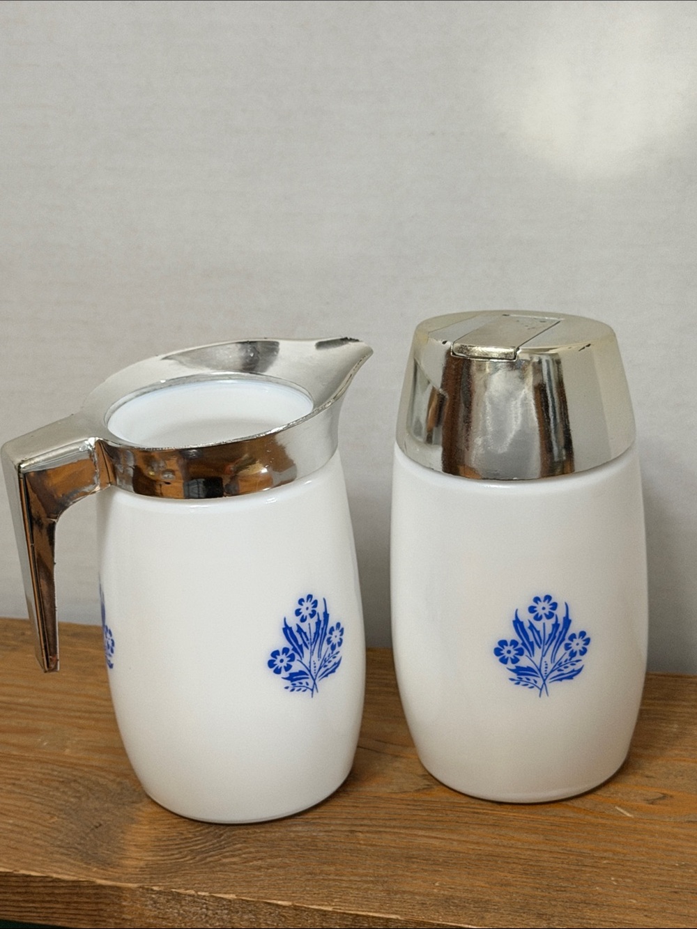 Vintage MCM Dominion Glass Milk Glass Blue Cornflower Sugar Dispenser & Creamer